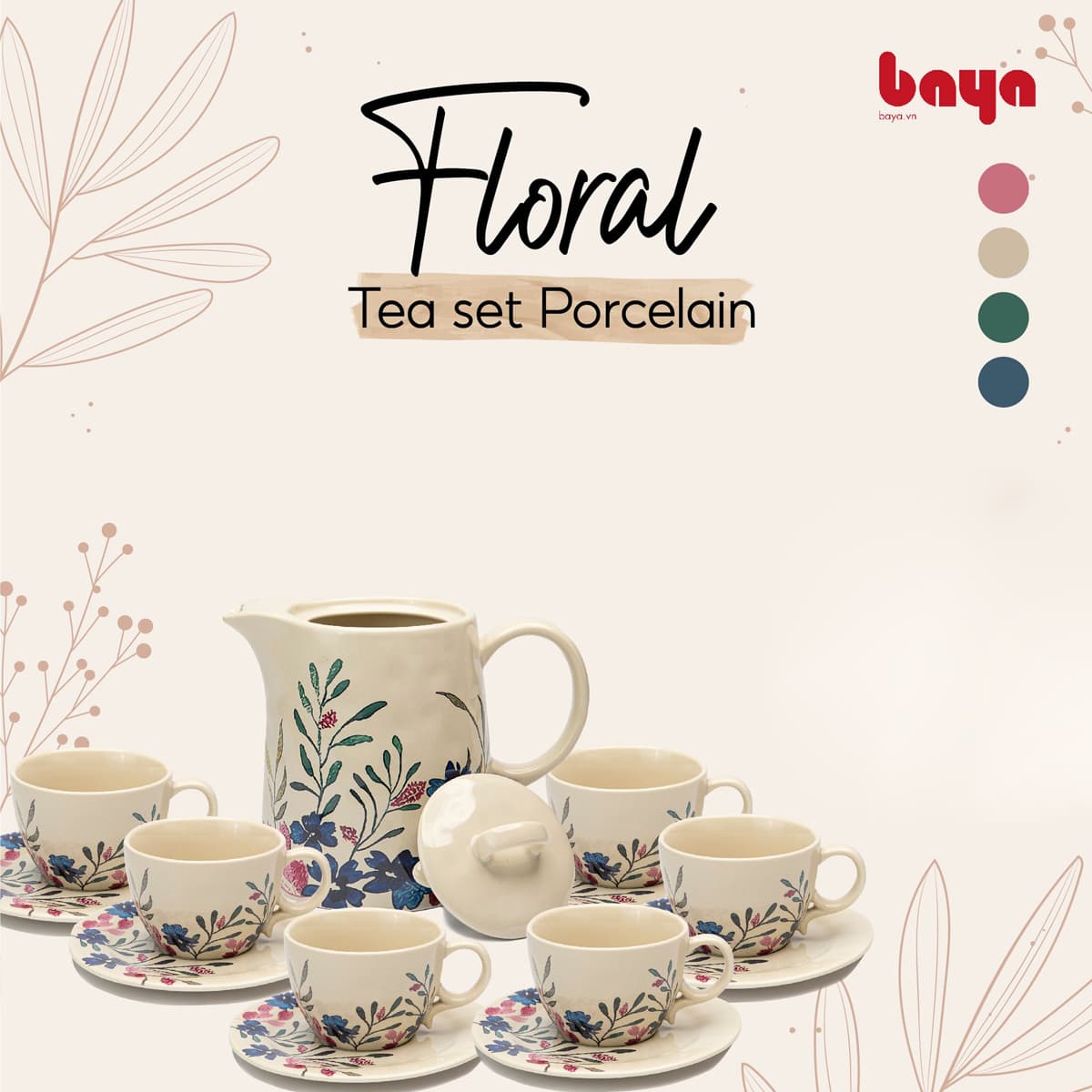 FLORAL Porcelain Teapot Set with Floral and Leaf Pattern image 3