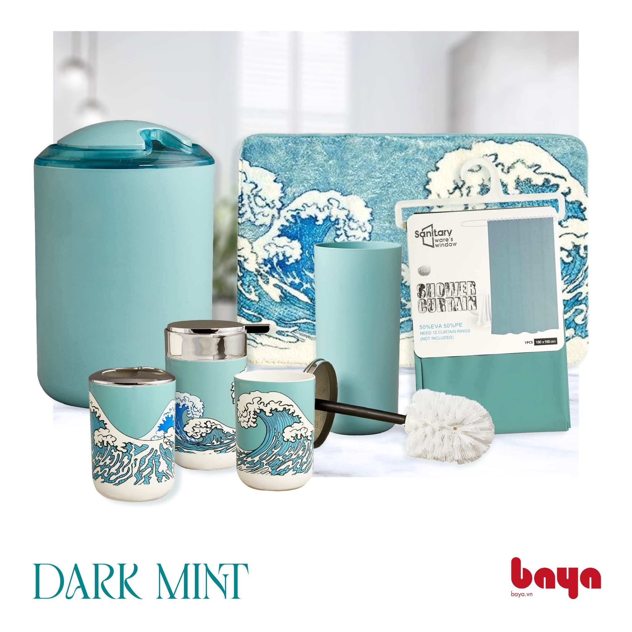 Set of 7 bathroom items DARK MINT Ocean Wave Pattern