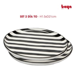 Set of 2 BLACK-&-WHITE Ceramic Plates with Black and White Horizontal Stripe Pattern image 1