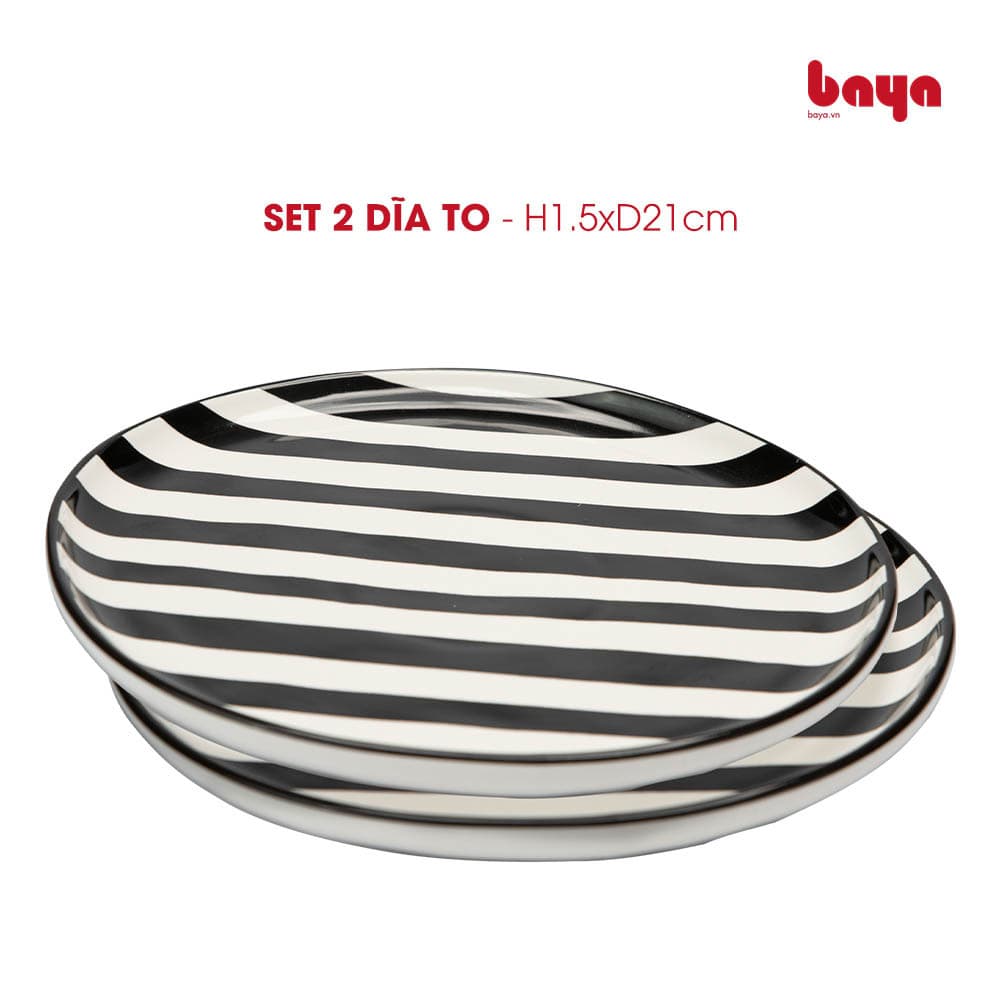 Set of 2 BLACK-&-WHITE Ceramic Plates with Black and White Horizontal Stripe Pattern