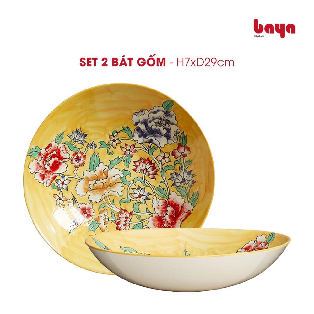 Set of 2 FELICIA Yellow Ceramic Noodle Bowls/Noodle Bowls with Floral Patterns