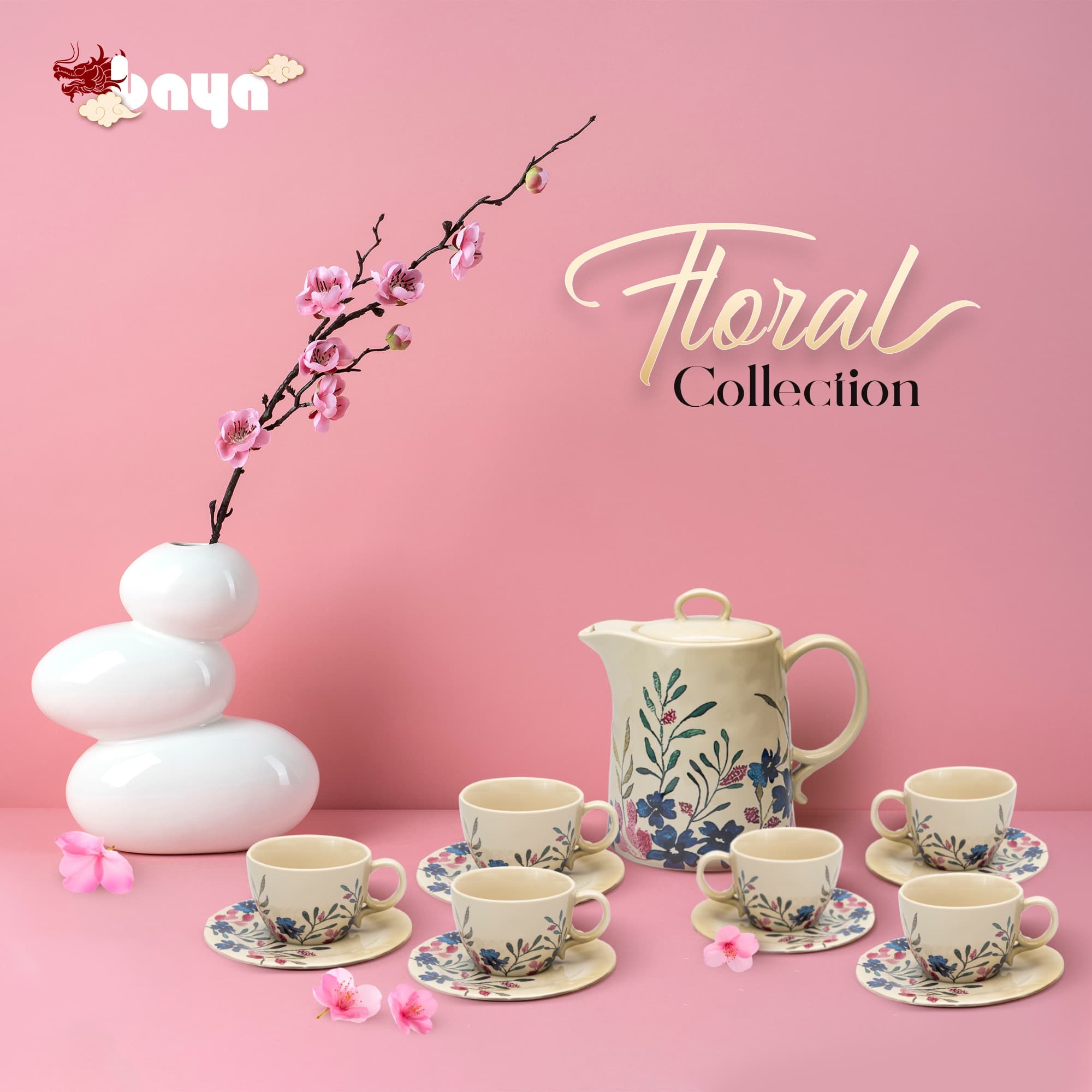 FLORAL Porcelain Teapot Set with Floral and Leaf Pattern