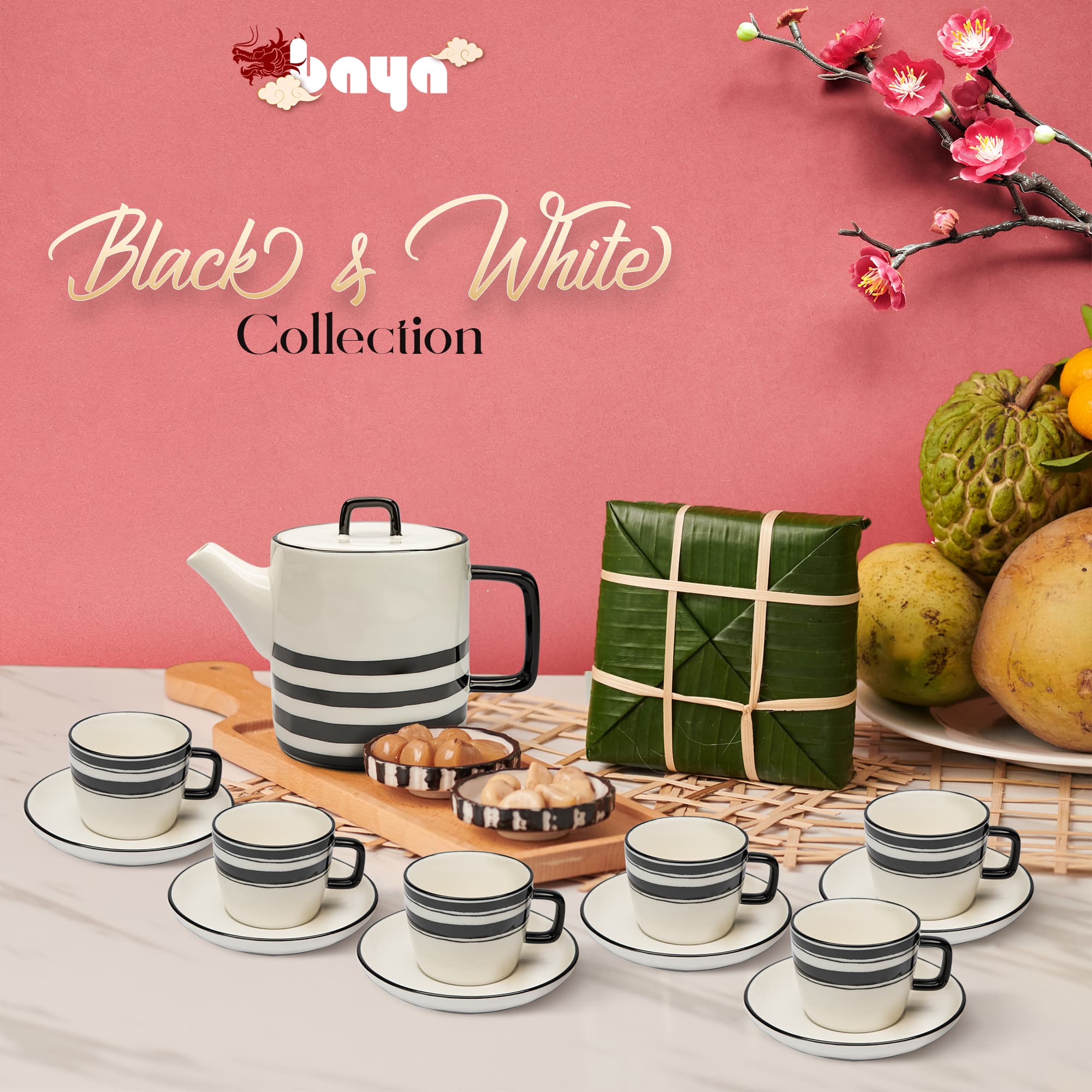 BLACK & WHITE ceramic tea set with black and white pattern