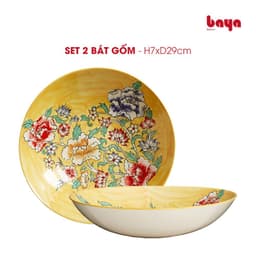 Set of 2 FELICIA Yellow Ceramic Noodle Bowls/Noodle Bowls with Floral Patterns image 1