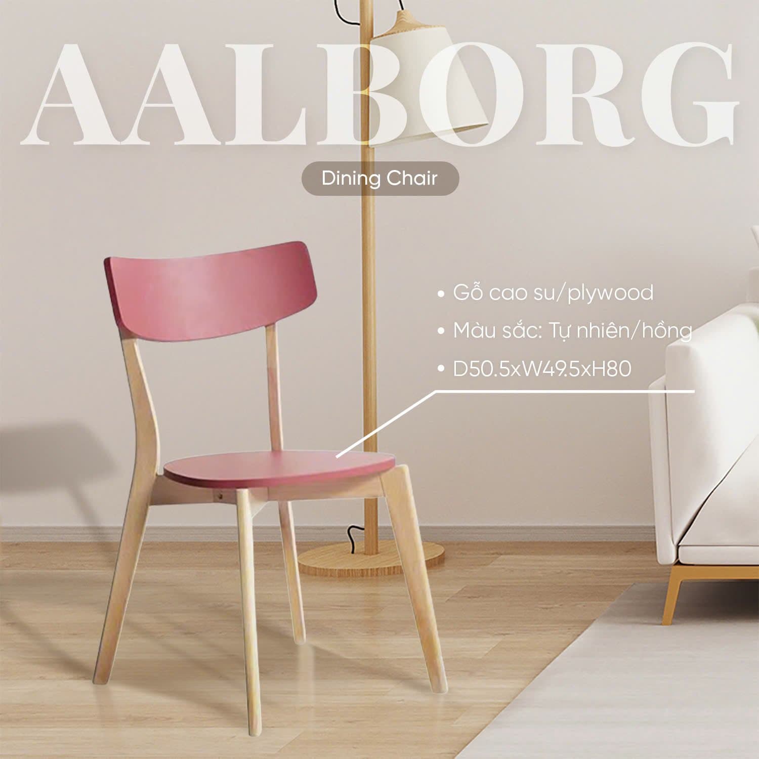 AALBORG Dining chair Rubberwood/plywood Natural/pink D50.5xW49.5xH80